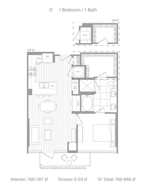 Floor plan for 1 bed, 1 bath, 841 sqft